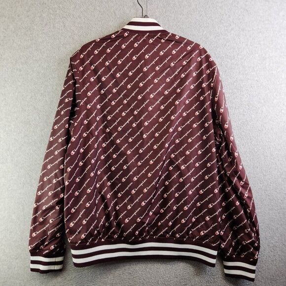 Champion Jacket Mens L Brown Allover Script Satin Baseball Mesh Lined Varsity - Picture 13 of 15
